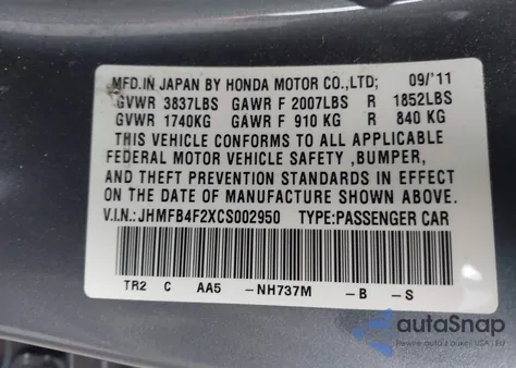 2012 Honda Civic Hybrid from USA, damaged, VIN JHMFB4F2XCS002950